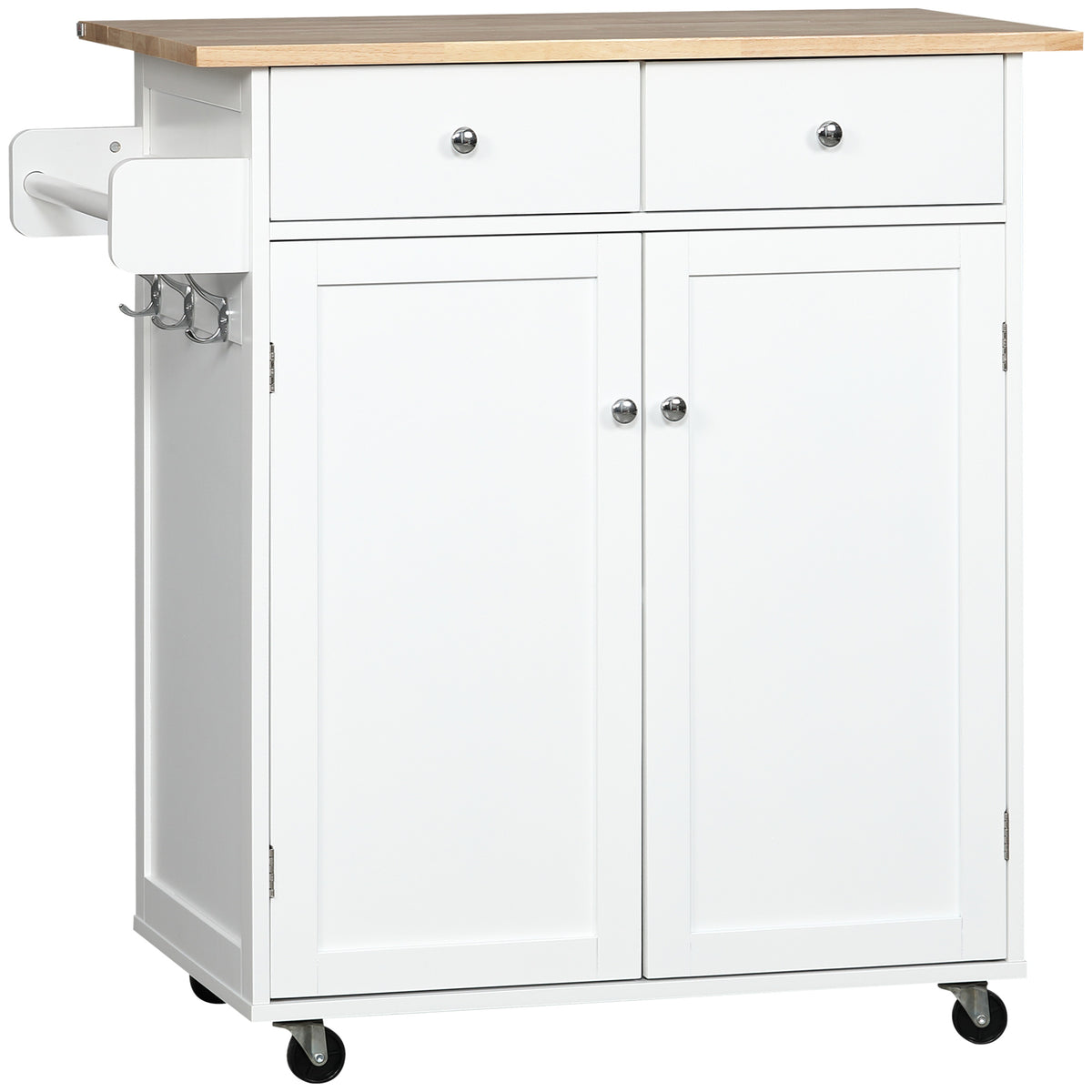 Rolling Kitchen Island with Storage, Kitchen Cart with Rubber Wood Top, Adjustable Shelf, Hooks and Storage Drawers