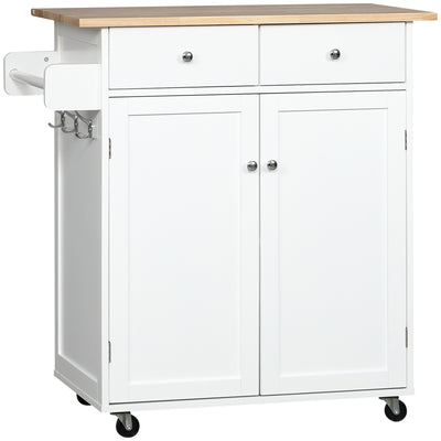 Rolling Kitchen Island with Storage, Kitchen Cart with Rubber Wood Top, Adjustable Shelf, Hooks and Storage Drawers