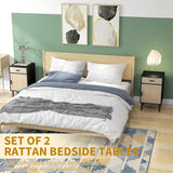 Boho Bedside Tables Set of 2, Nightstands with Drawer, Rattan Cabinet, Adjustable Shelf for Bedroom