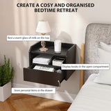 Wall Mounted Bedside Table, Set of 2 Floating Nightstand with Charging Station, Drawer and Open Shelf for Bedroom