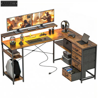 Gaming Desk with Power Outlets LED Lights Computer Desk with Drawers Monitor Stand 61