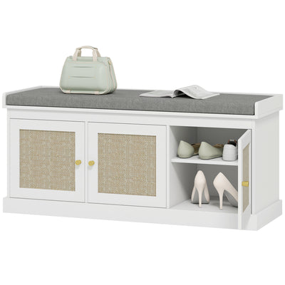 Shoe Storage Bench with Woven Rattan Doors, Adjustable Shelves