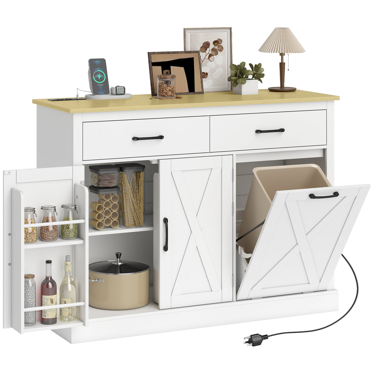 7 Gallon Tilt Out Garbage Cabinet, 2 Drawers, 4 Door Racks