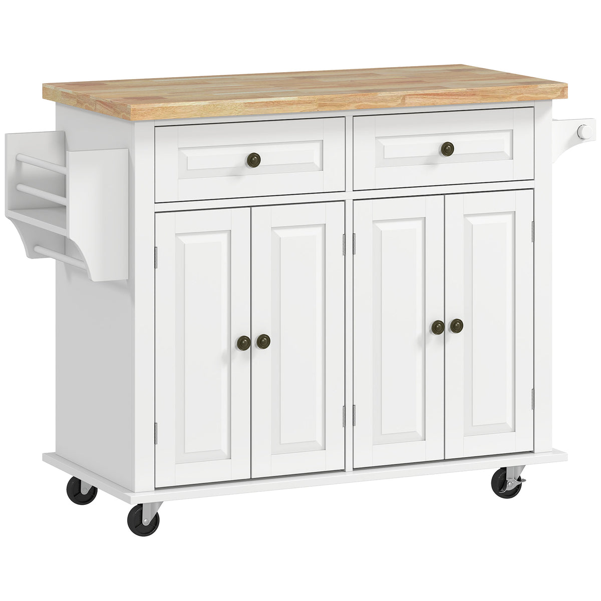 Kitchen Island with Storage, Rolling Trolley Cart with Rubber Wood Top, Spice Rack