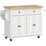 Kitchen Island with Storage, Rolling Trolley Cart with Rubber Wood Top, Spice Rack