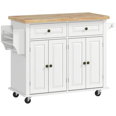 Kitchen Island with Storage, Rolling Trolley Cart with Rubber Wood Top, Spice Rack