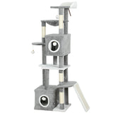 65 Inch Cat Tree with 2 Doors Condos, 4 Pompoms