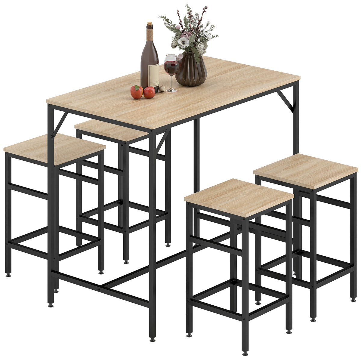 5 Pieces Industrial Rectangular Bar Table Set, Dining Table Set Breakfast Table with 4 Stools for Dining Room