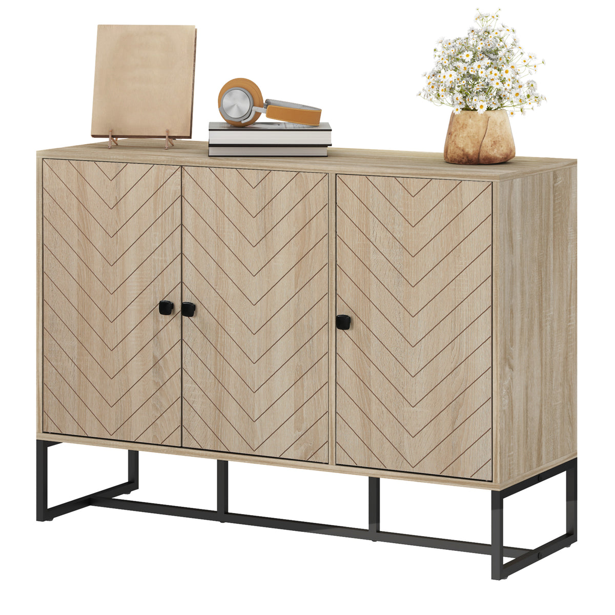 Modern Sideboard, Buffet Cabinet with Adjustable Shelves, 3 Chevron Doors for Living Room