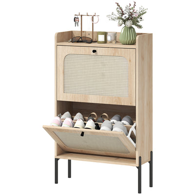Shoe Cabinet with 2 Flip Drawers, Boho Narrow Shoe Storage Cabinet