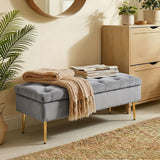 Upholstered Bedroom Bench with Gold Tone Metal Legs, Velvet Tufted and Thick Padding