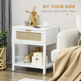 Boho Nightstand, Bedside Table with Rattan Drawer and Open Shelf