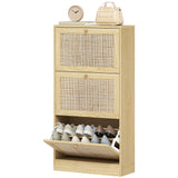 Meuble à chaussures en rotin avec 3 tiroirs basculants et des étagères réglables, meuble d'entrée pour 18 paires de chaussures