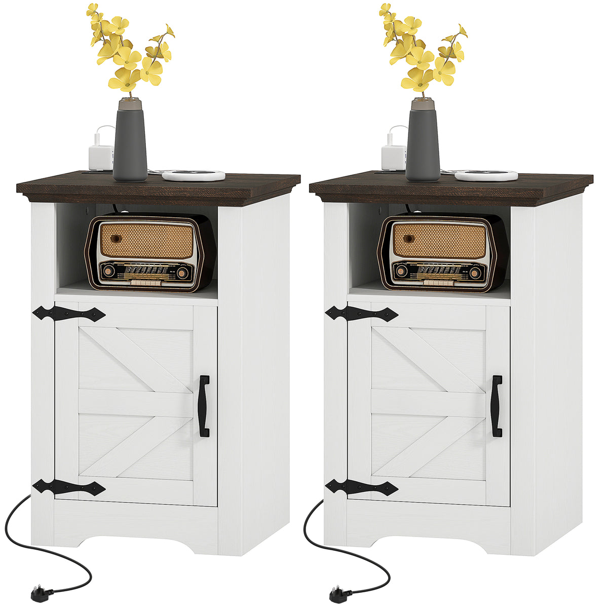 Set of 2 Side Tables, Night Stands with Charging Outlets