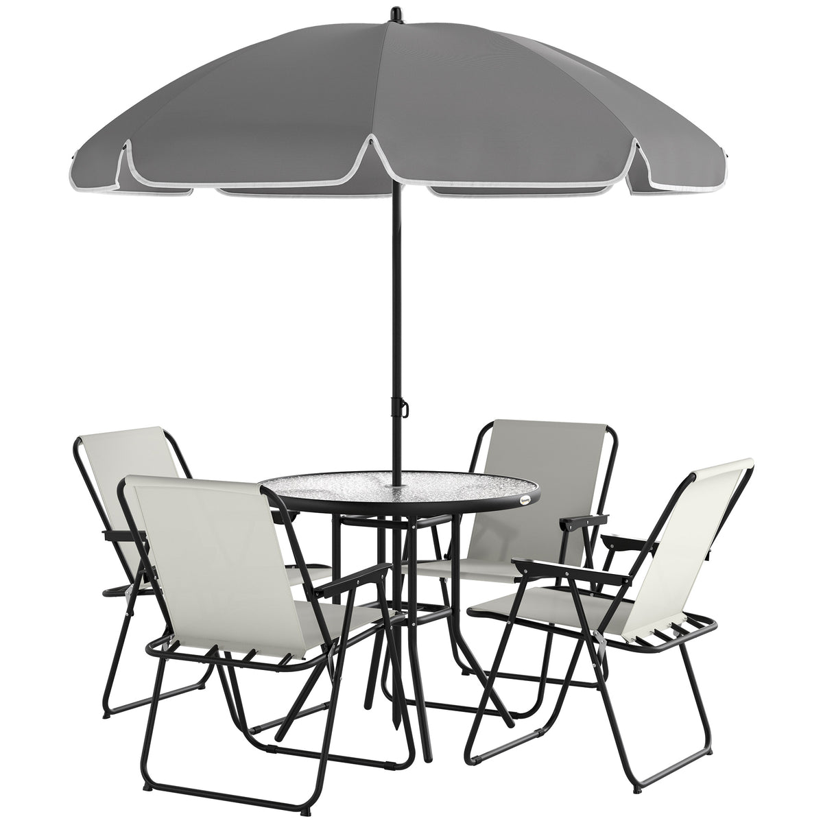 Ensemble de salle à manger de patio 6 pièces avec parasol, mobilier de patio avec chaises pliantes, table en verre pour jardin et cour
