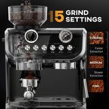 15 Bar Coffee Maker Espresso Machine with Grinder Milk Frother Stainless Steel Espresso Maker for Cappuccino Latte