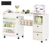 Rolling Sewing Machine Table with Power Outlet, Folding Craft Table with 2 Fabric Drawers, 2 Bins and 18 Pegs