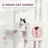 65 Inch Cat Tree with 2 Doors Condos, 4 Pompoms