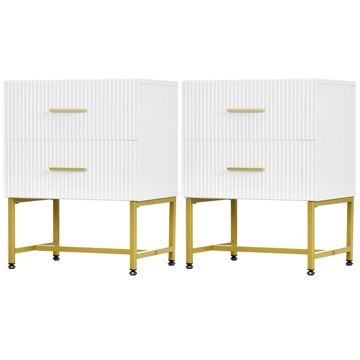 2 Pieces Nightstands with Storage, Modern Bedside Tables with 2 Fluted Drawers and Gold Legs for Bedroom