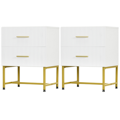 2 Pieces Nightstands with Storage, Modern Bedside Tables with 2 Fluted Drawers and Gold Legs for Bedroom