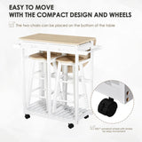 Kitchen Trolley 3 Piece Kitchen Cart Set Drop Leaf Breakfast Table and 2 Stools w/ Rolling Wheels & Towel Bars, Wood &