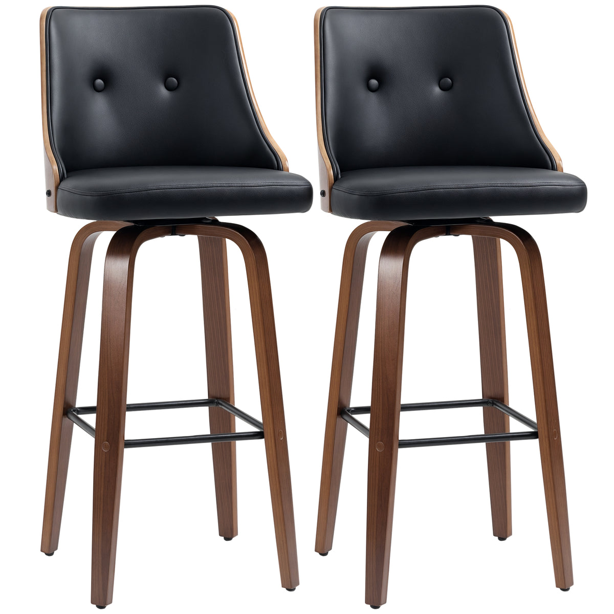 Lot de 2 tabourets de bar à hauteur de bar, tabourets de bar pivotants rembourrés en cuir PU avec pieds en bois massif, repose-pieds et dossier capitonné