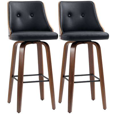 Bar Height Bar Stools Set of 2, PU Leather Upholstered Swivel Barstools with Solid Wood Legs Footrest and Tufted Back