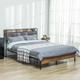 Queen Size Bed Frame with Charging Station, Queen Bed Frame with Upholstered Headboard and Storage Shelf