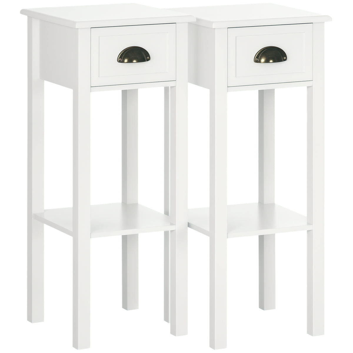 2 Tier Side Table, Narrow Tall End Table with Drawer and Shelf, Slim Wooden Nightstand for Living Room