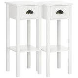 2 Tier Side Table, Narrow Tall End Table with Drawer and Shelf, Slim Wooden Nightstand for Living Room