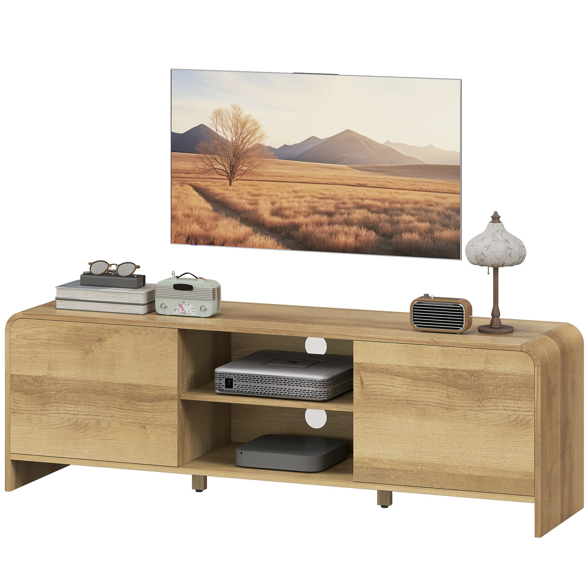 TV Stand for up to 65 Inch TV, Nordic Entertainment Center with 2 Cabinets and 2 Open Shelves for Living Room