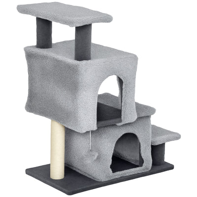 4-Step Pet Stairs, Adjustable Height Cat Stairs with Scratching Posts Cat Condo, Hanging Ball for High Bed