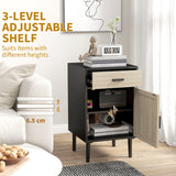 Boho Bedside Tables Set of 2, Nightstands with Drawer, Rattan Cabinet, Adjustable Shelf for Bedroom