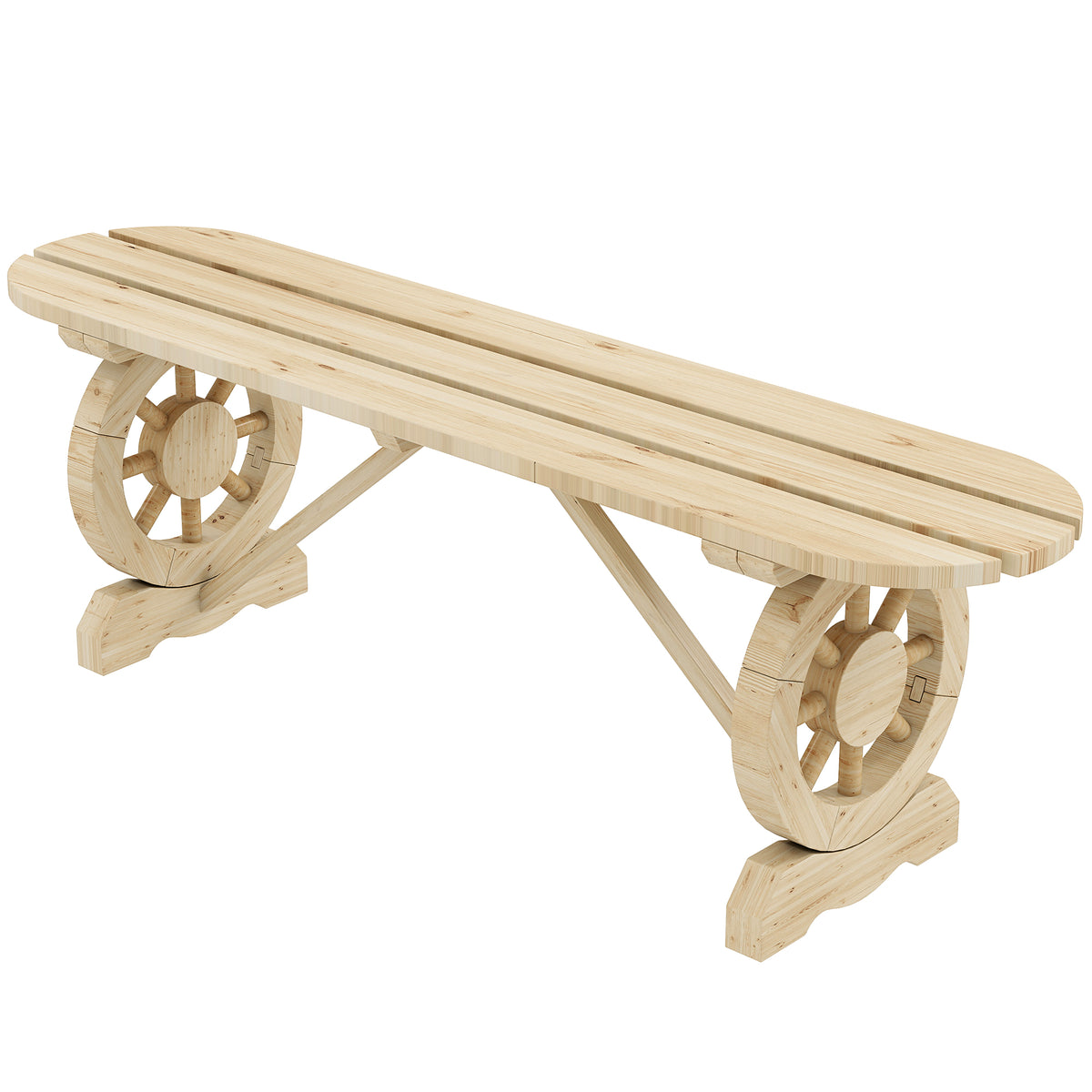 2-Person Outdoor Bench, Wood Garden Bench with Wagon Wheel Legs, Slatted Seat for Patio