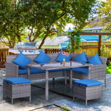 5 Pieces Wicker Patio Conversation Dining Furniture Set with Cushions, Table and Ottomans