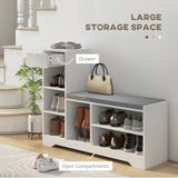 Banc de rangement pour chaussures rembourré avec siège, banc d'entrée avec tiroir et 6 étagères ouvertes pour le couloir