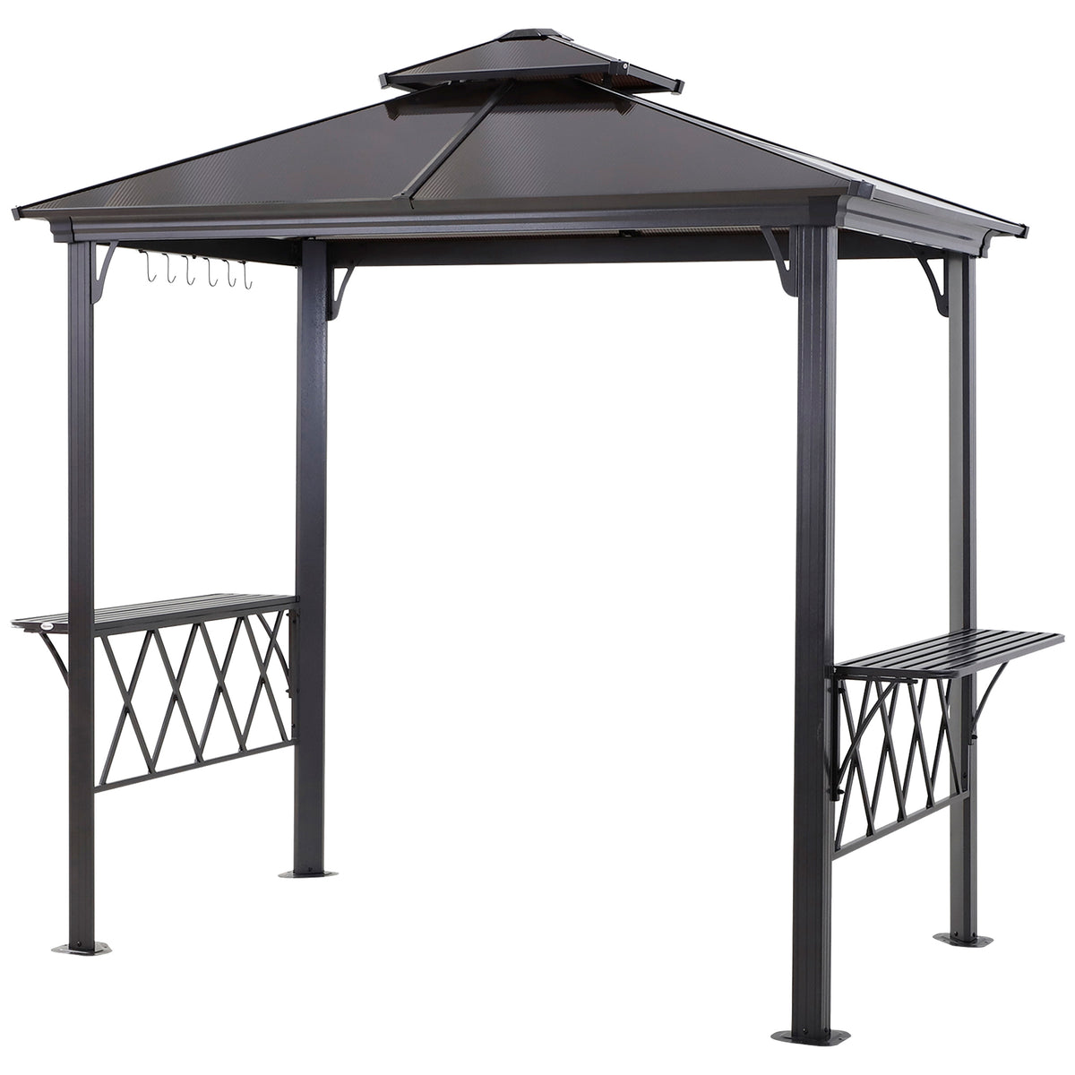 Outdoor Hardtop Grill Gazebo Cooking BBQ Canopy w/ 6 Hooks for Utensils and Double Vented PC Roof