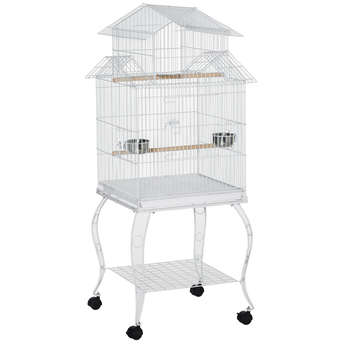 Grande cage à oiseaux roulante en acier 53,9'' Maison à oiseaux avec support roulant amovible, Étagère de rangement, Perchoir en bois