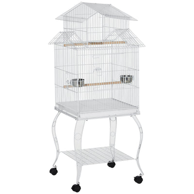 53.9'' Large Rolling Steel Bird Cage Bird House with Detachable Rolling Stand, Storage Shelf, Wood Perch