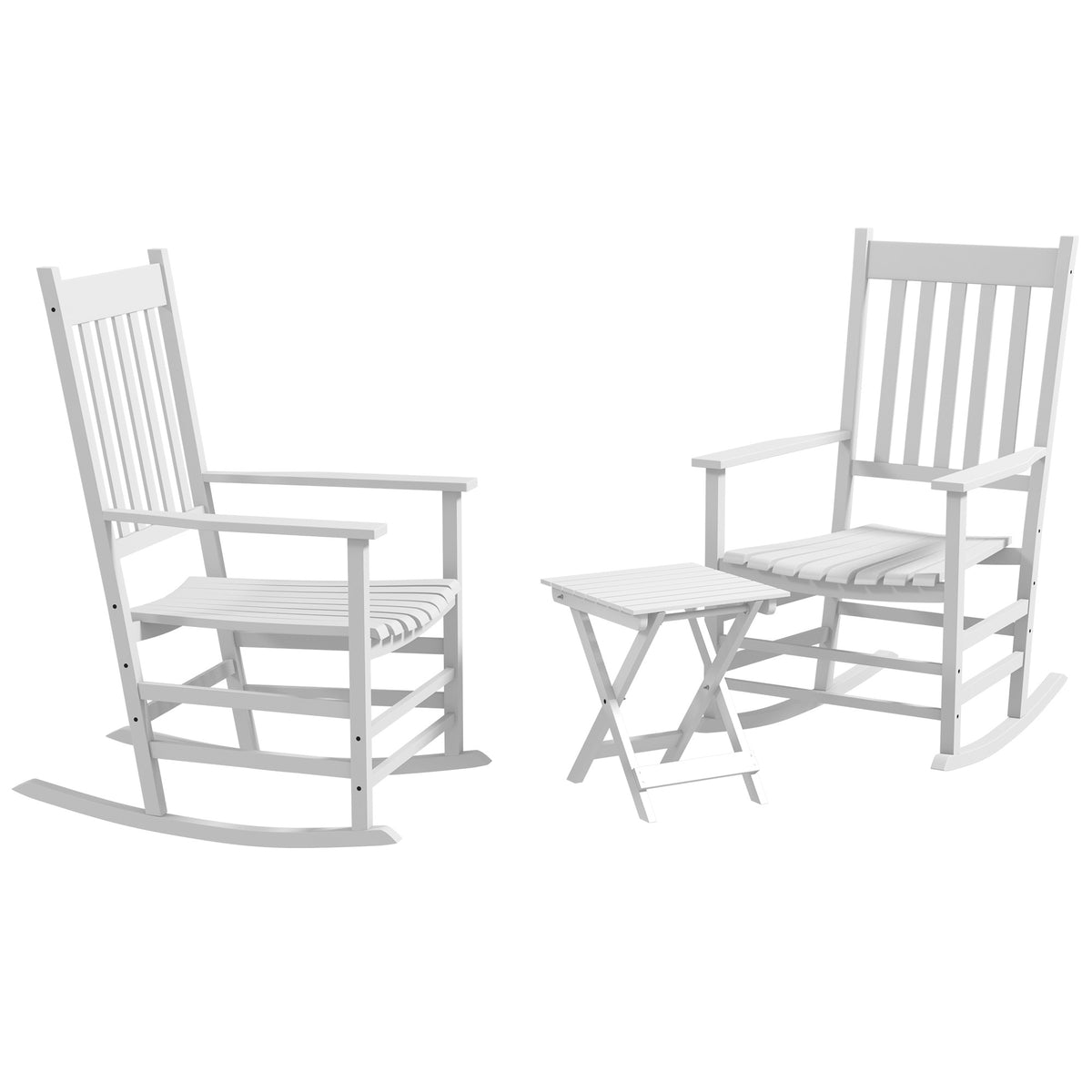 Ensemble de 3 Chaises Berçantes Extérieures, Ensemble de Chaises Berçantes de Patio en Bois avec Table Pliante, Dossier Haut et Accoudoirs