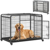 Folding Heavy Duty Dog Crate Heavy Duty Cage for Large Sized Dogs with Double Doors, Lockable Wheels Tray, 43