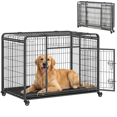 Folding Heavy Duty Dog Crate Heavy Duty Cage for Large Sized Dogs with Double Doors, Lockable Wheels Tray, 43