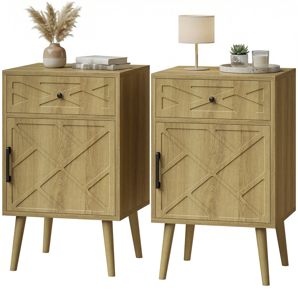 Nightstand Set of 2, Bedside Table Set with Drawer and Cabinet, Side End Table with Storage for Living Room