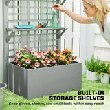 Wooden Raised Garden Bed with Trellis and Roof, Elevated Planter Box with 2 Shelves
