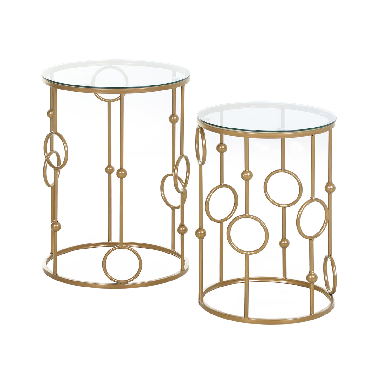 Lot de 2 tables basses rondes, tables d'appoint gigognes dorées avec plateau en verre trempé, cadre en acier pour salon