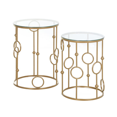 Lot de 2 tables basses rondes, tables d'appoint gigognes dorées avec plateau en verre trempé, cadre en acier pour salon