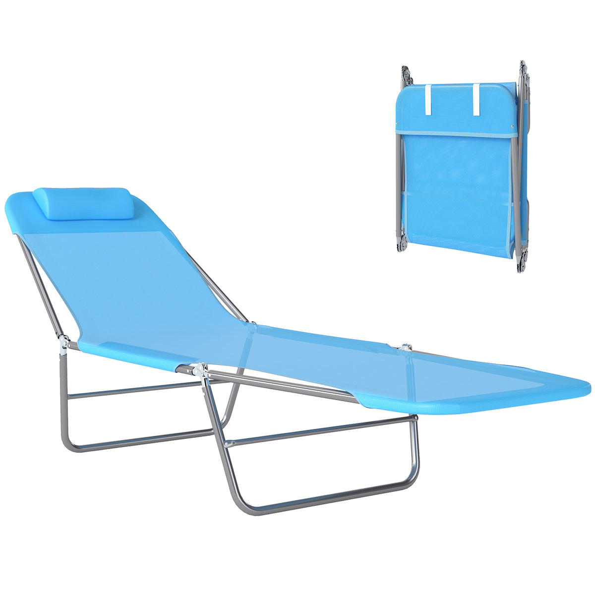 Outdoor Lounge Chair, Portable Adjustable Reclining Seat Folding Chaise Lounge Patio Camping Beach Tanning Chair Bed with Pillow