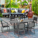 Patio Dining Set for 6, Aluminum Expandable Outdoor Table and 6 Stackable Chairs with Padded Back, Mesh Seat