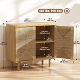Handwoven Rope Accent Cabinet Boho Sideboard Buffet Cabinet with Push to Open Doors Adjustable Shelf Pine Wood Legs
