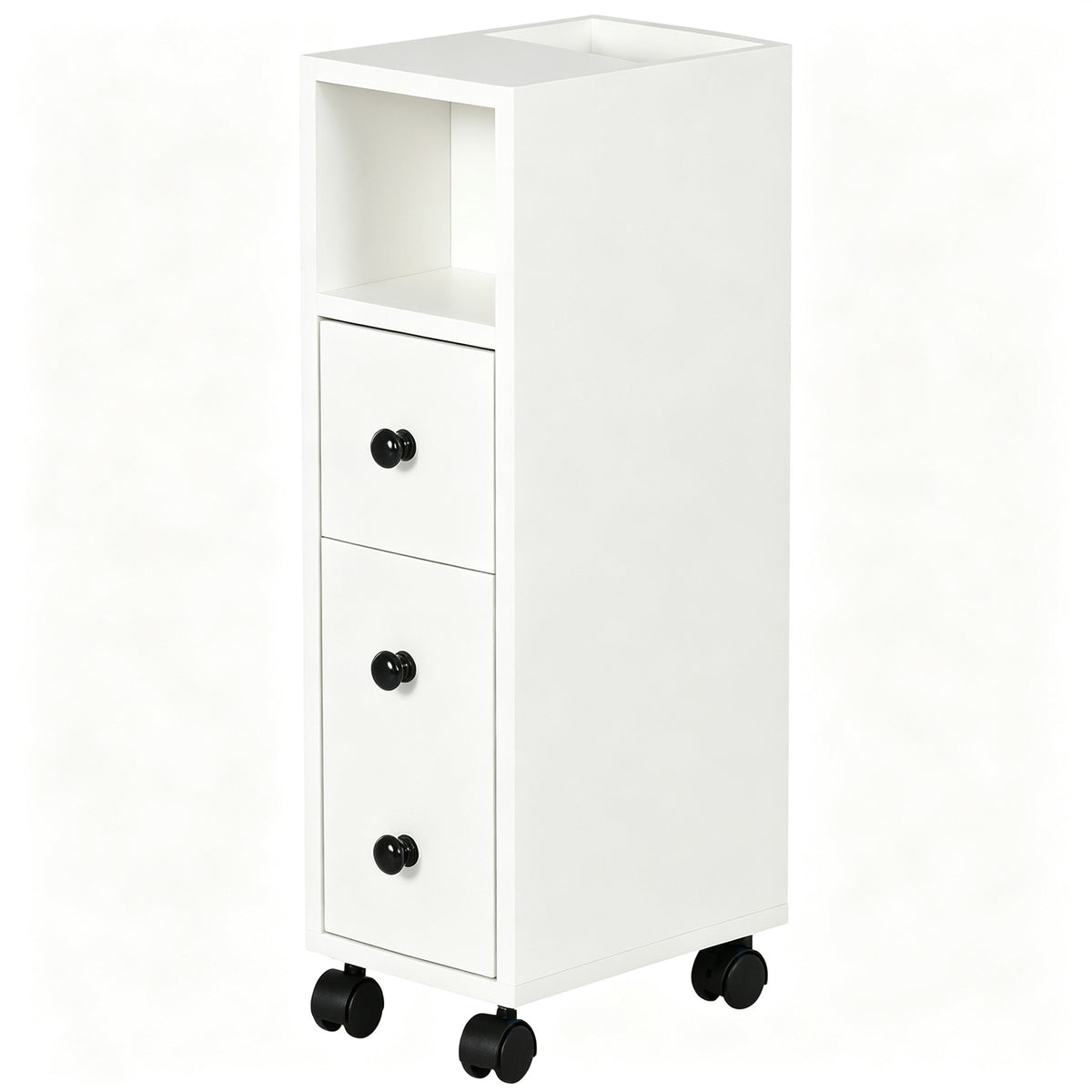 Slim Bathroom Cabinet with Wheels, Narrow Bathroom Storage Cabinet with Door, Drawer and 2 Open Compartments